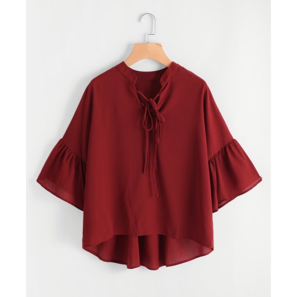 ♦️L Left!♦️ Tie Front Fluted Sleeve Dip Hem Blouse